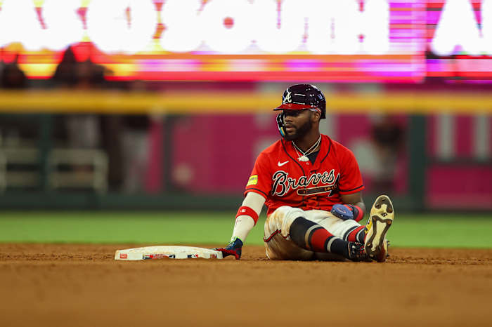 Aug 18, 2023; Atlanta, Georgia, USA; Atlanta Braves center fielder Michael Harris II (23) reacts after stealing second base against the San Francisco Giants in the sixth inning at Truist Park.